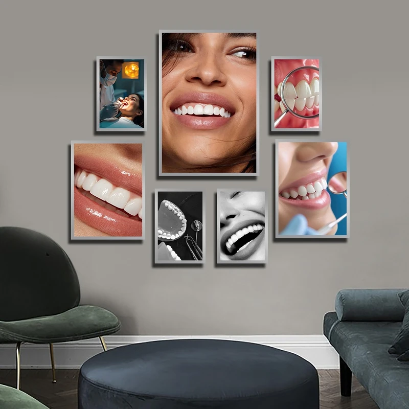 تابلو بکلیت طرح لبخند و دندان و دندانپزشکی مدل SI-3887 فریم نقره ای مجموعه 7 عددی