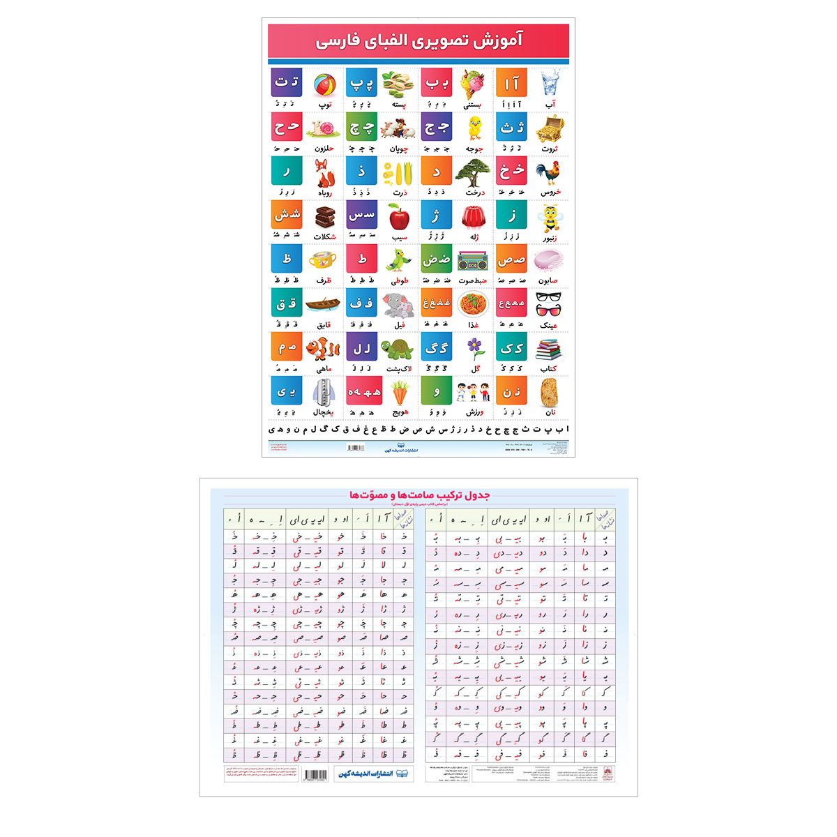 پوستر آموزشی انتشارات اندیشه کهن مدل جدول ترکیب صامت ها و مصوت ها و جدول الفبا فارسی مجموعه 2 عددی