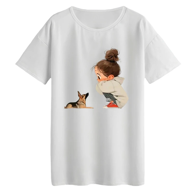 تی‌شرت لانگ آستین کوتاه زنانه مدل دختر و سگ