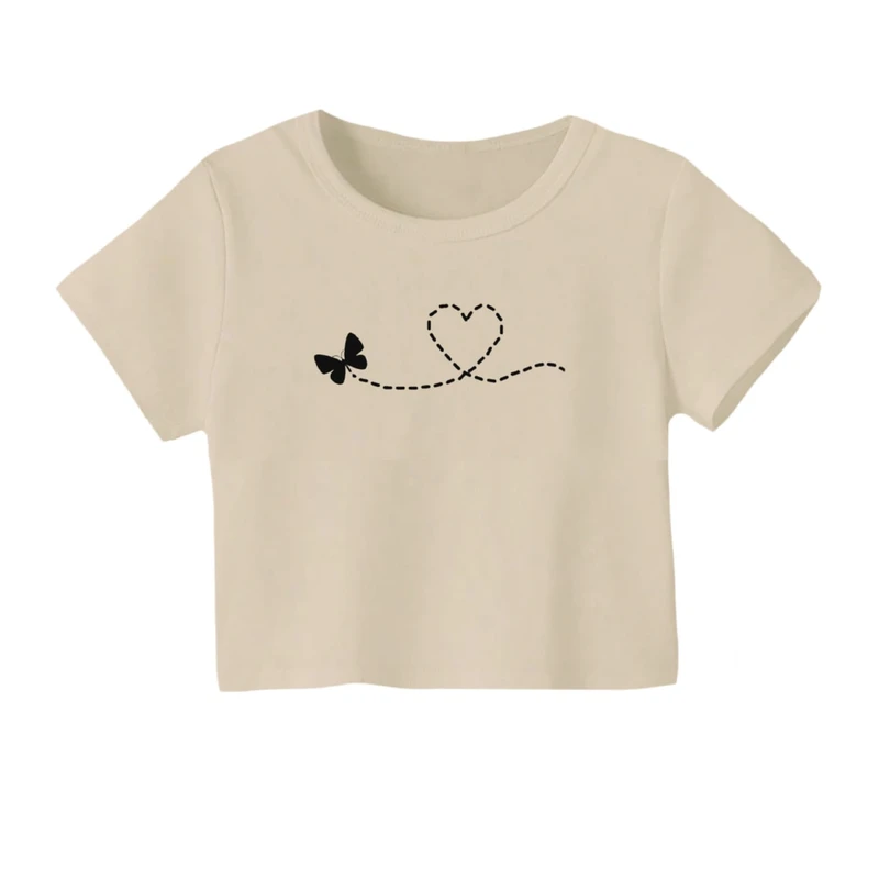 کراپ‌ تی‌شرت آستین کوتاه زنانه مدل پروانه و قلب خطی