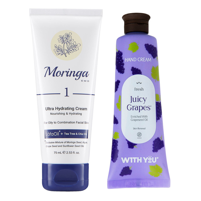 کرم آبرسان مورینگا امو مدل Tee tree حجم 75 میلی لیتر به همراه کرم مرطوب کننده ویت یو مدل Juicy Grapes حجم 50 میلی لیتر