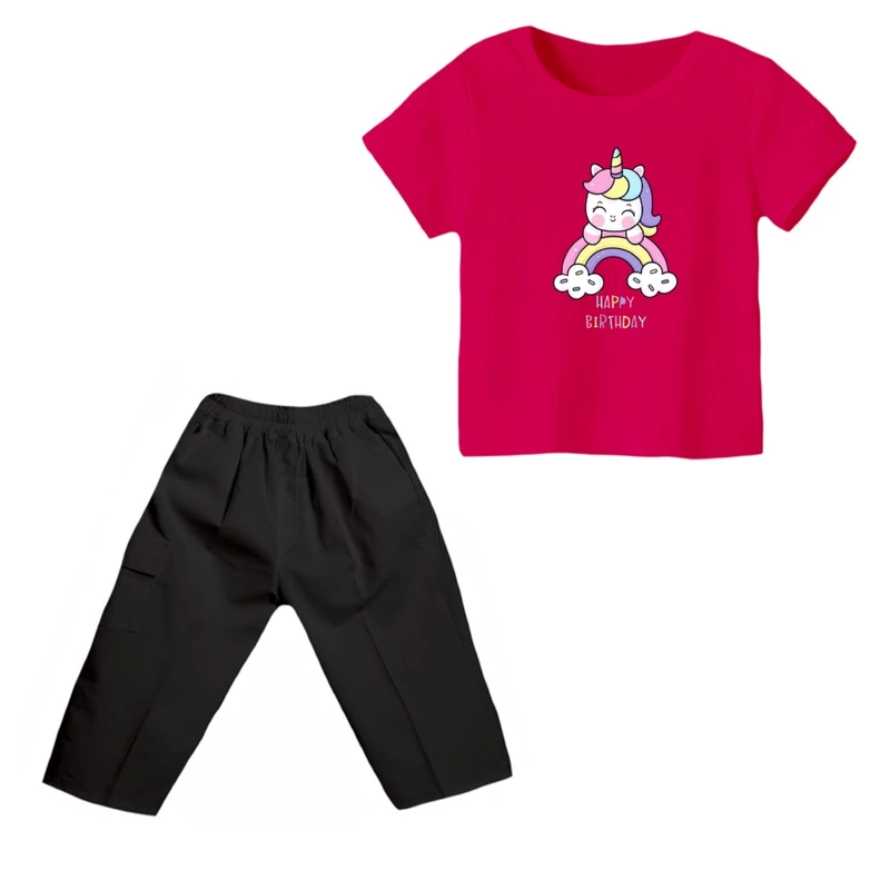 ست تی شرت و شلوارک دخترانه مدل یونیکورن کد ۷ رنگ سرخابی