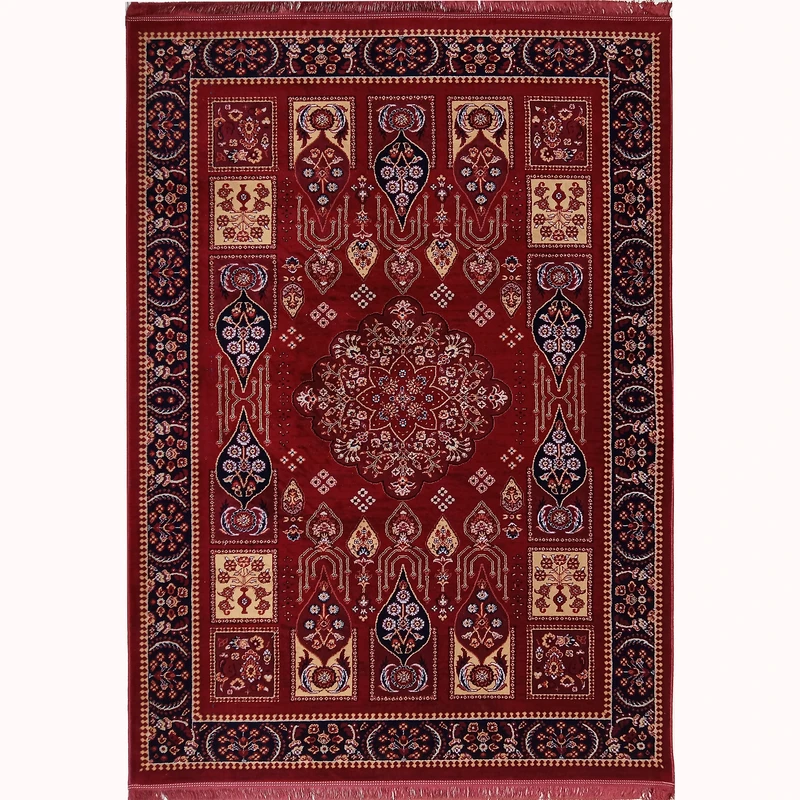 فرش ماشینی 500 شانه ستاره طلایی ملت زمینه لاکی حاشیه لاکی مدل بلوچ 112