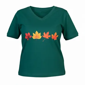 تی‌شرت آستین کوتاه زنانه مدل یقه هفت برگ های پاییزی