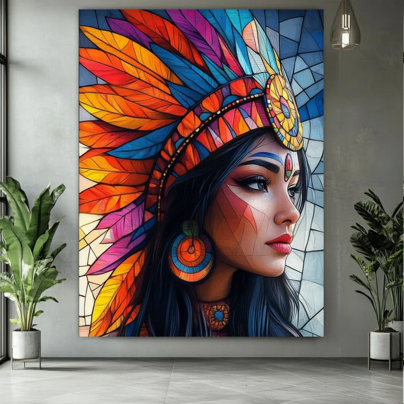 پوستر پارچه ای طرح مخمل بانوی سرخ پوست مدل پر های رنگارنگ کد PY324