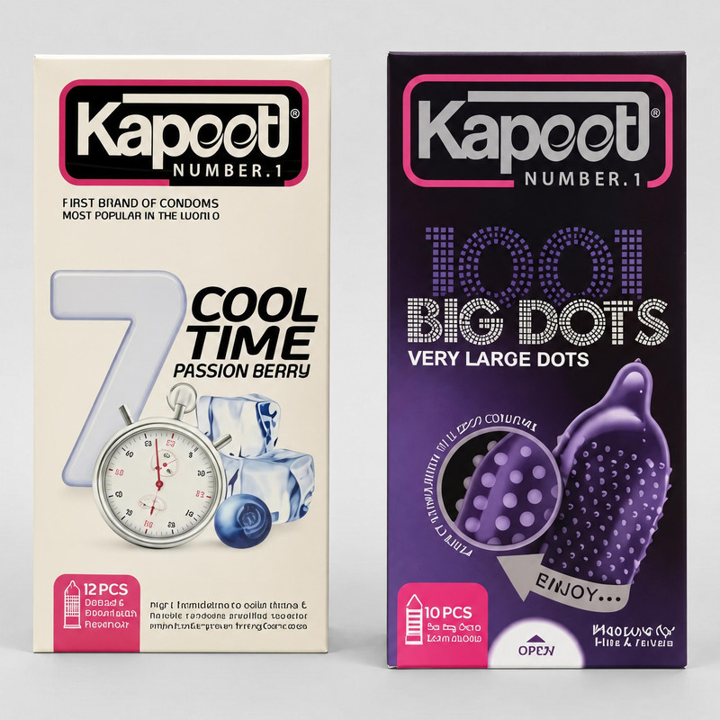 کاندوم خاردار کاپوت مدل BIG DOTS بسته 10 عددی به همراه کاندوم خنک کننده کاپوت مدل 7 cool time بسته 12عددی