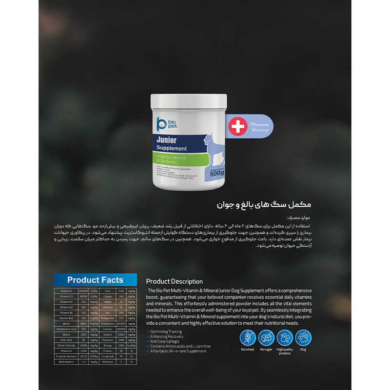 پودر مکمل سگ بالغ و جوان بایو پت مدل Junior وزن 400 گرم