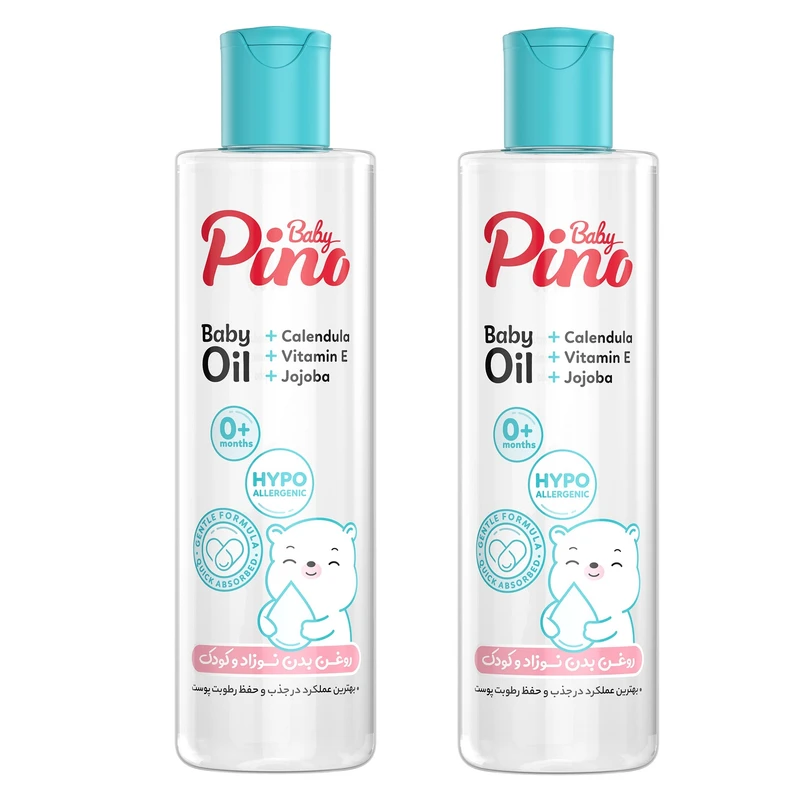 روغن بدن کودک پینو بیبی مدل غنی-شده با روغن جوجوبا، کالاندولا و ویتامین e حجم 200 میلی لیتر مجموعه 2 عددی