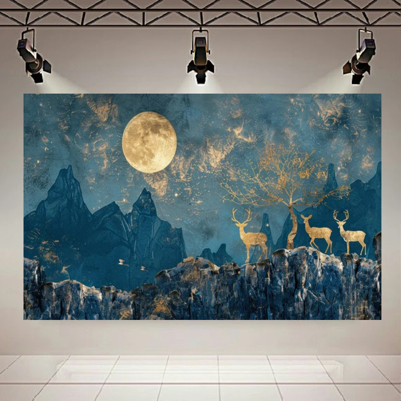  پوستر طرح مخمل کوهستان مدل ماه و گوزن طلایی کد AR3058318