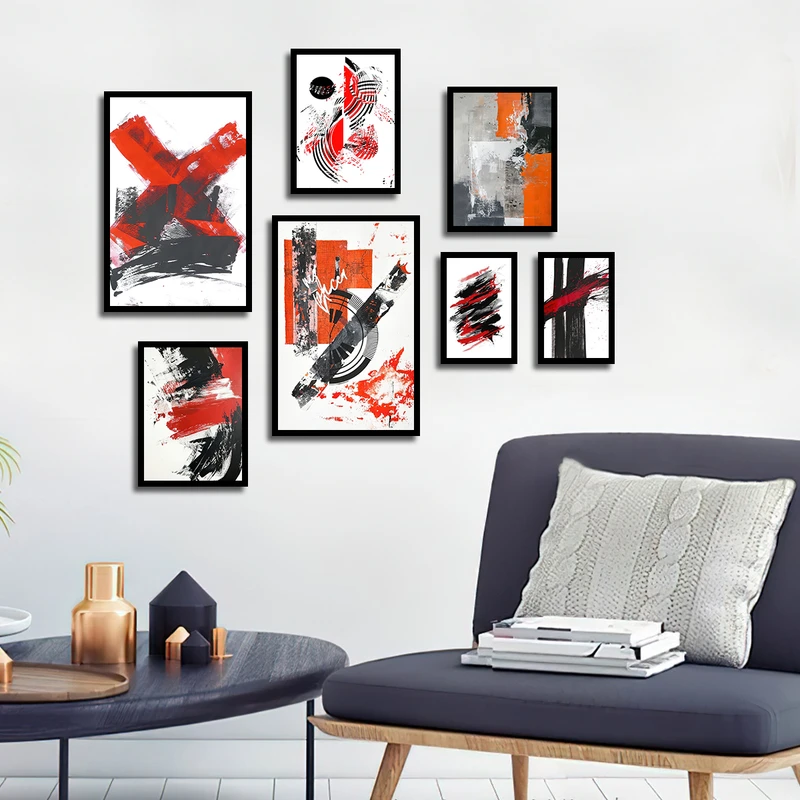 تابلو بکلیت طرح مدرن نقاشی خطوط و انتزاعی مدل B-3506 فریم مشکی مجموعه 7 عددی