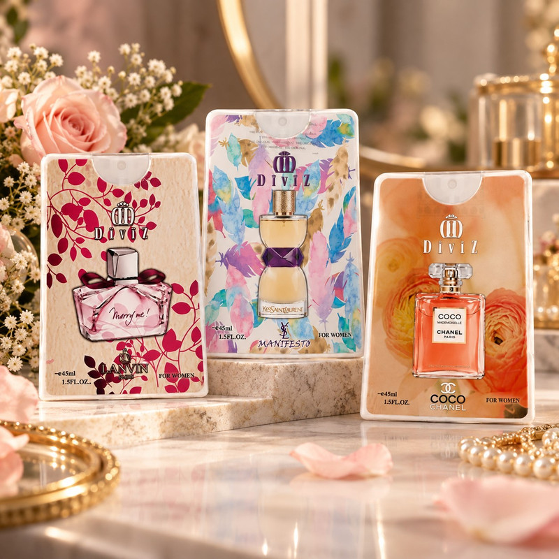 عطر جیبی زنانه دیوایز مدل کوکو شنل، منیفستو، مری می، با رایحه گرم و شیرین حجم 45 میلی‌لیتر بسته 3 عددی