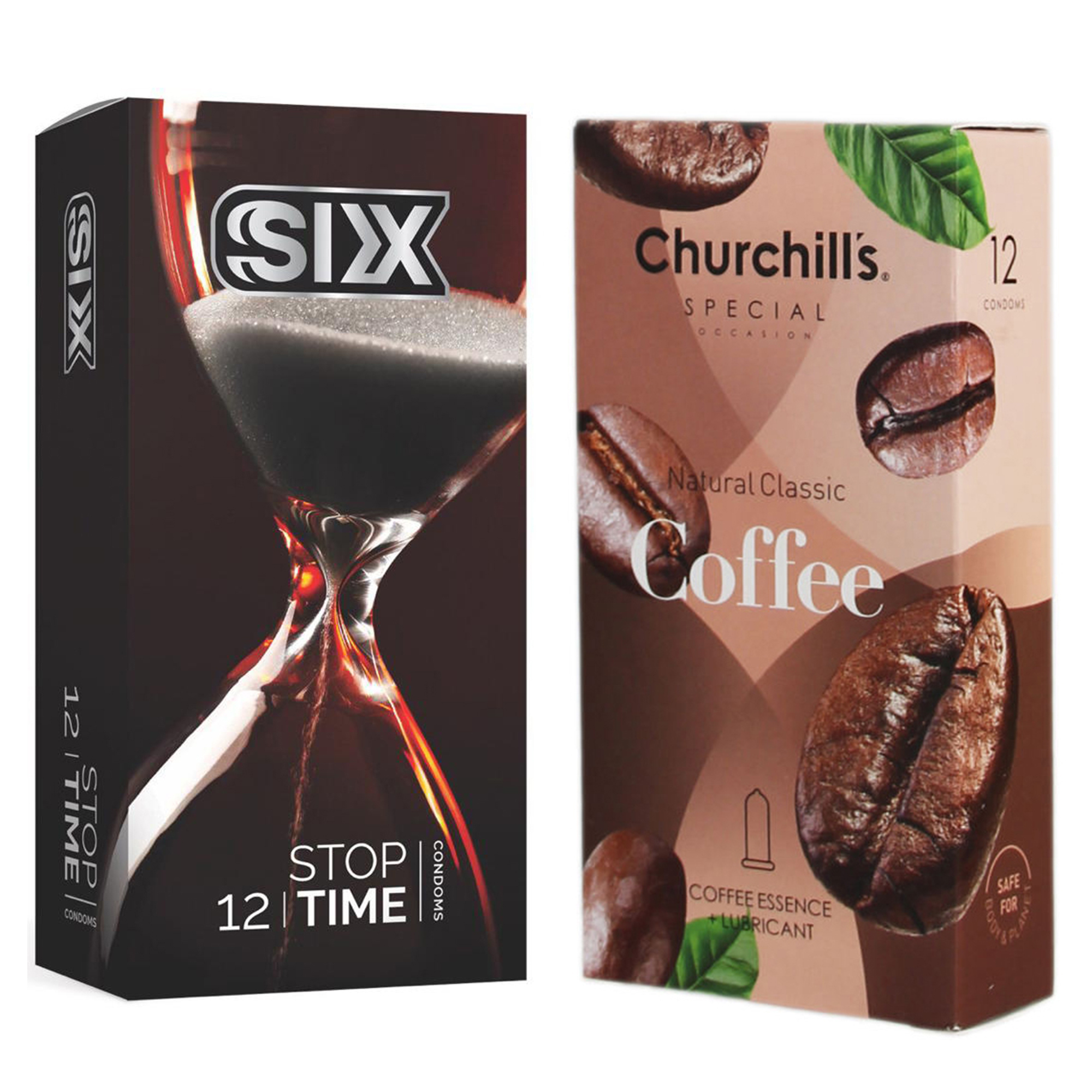 کاندوم چرچیلز مدل Coffee بسته 12 عددی به همراه کاندوم سیکس مدل کلاسیک تاخیری بسته 12 عددی 