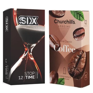 کاندوم چرچیلز مدل Coffee بسته 12 عددی به همراه کاندوم سیکس مدل کلاسیک تاخیری بسته 12 عددی