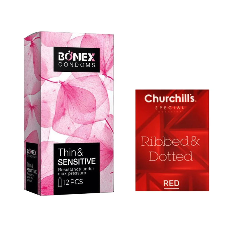 کاندوم بونکس مدل Thin &amp; Sensitive بسته 12 عددی به همراه کاندوم چرچیلز مدل Hot Gel بسته 3 عددی