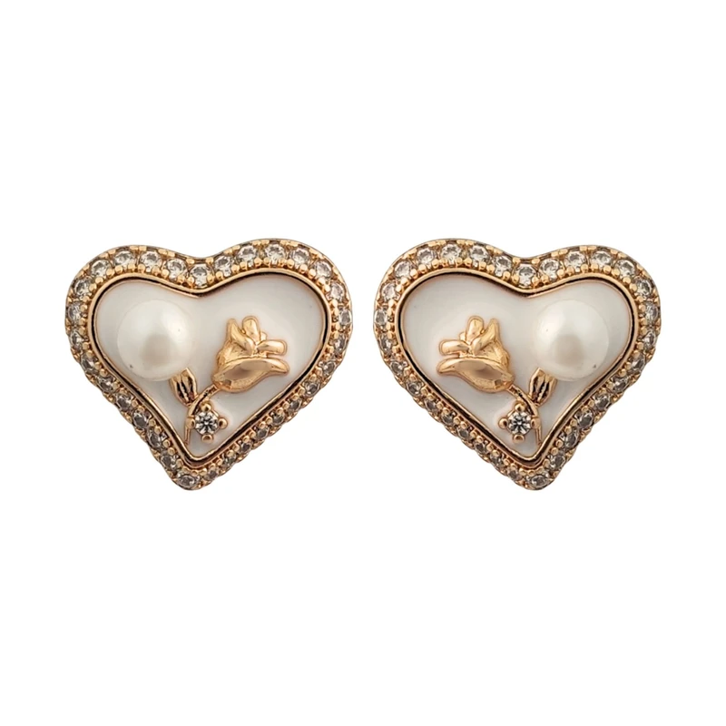 گوشواره میخی زنانه ژوپینگ مدل میناکاری مروارید و گل رز