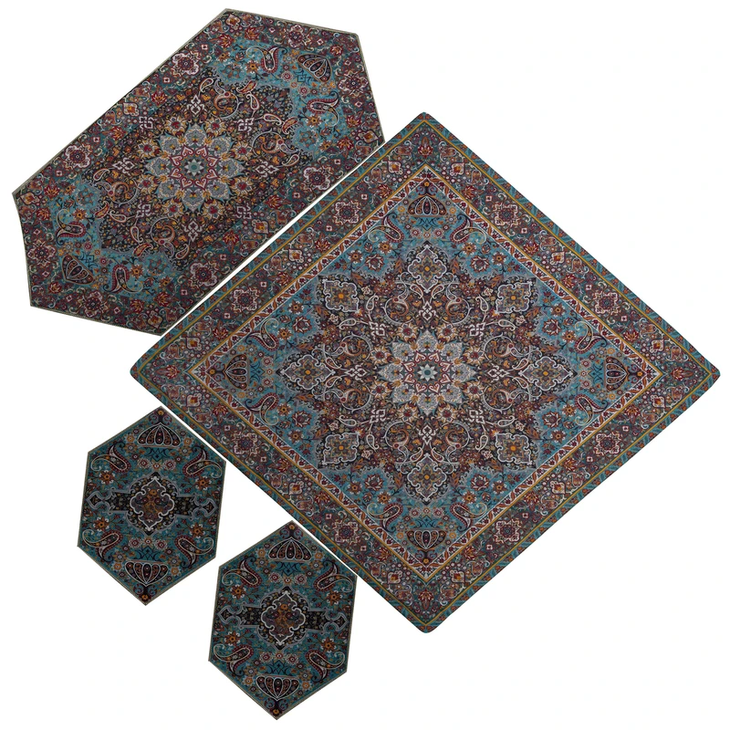 ست جهار تکه رومیزی ترمه عدل کشمیر طرح کاشان k41