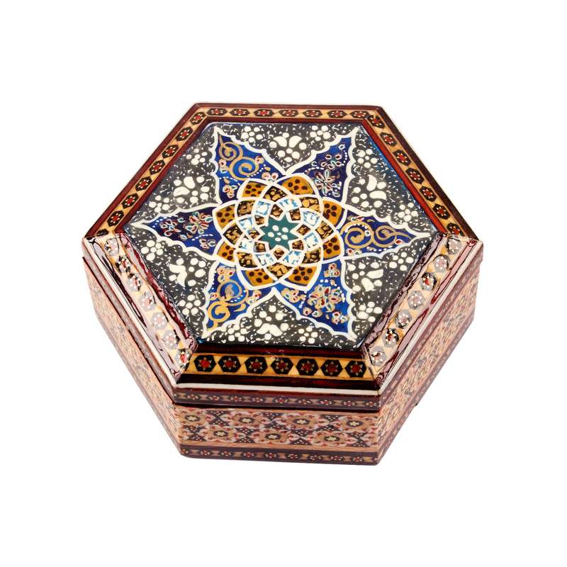 جعبه جواهرات خاتم کاری مدل شش ضلعی کد 09