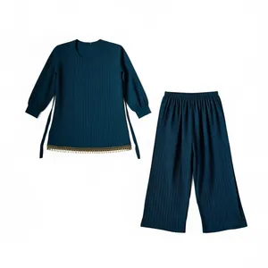 ست تونیک آستین بلند و شلوار راحتی زنانه مدل کمر دار کریشه کد 0064