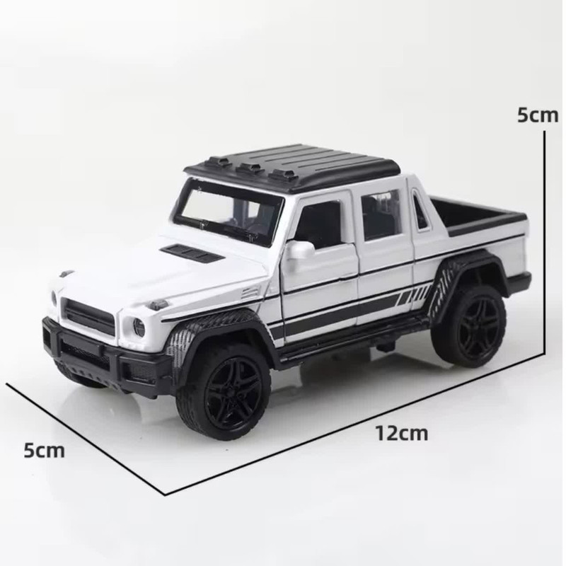 ماکت ماشین فلزی وانت بنز جی کلاس ناب سل مدل MERCEDES BENZ G-CLASS عقبکش، چراغدار و موزیکال با در و صندوق بازشو به‌همراه جاسوییچی
