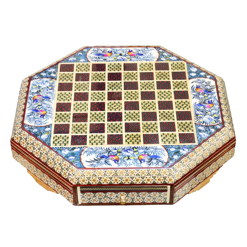 صفحه شطرنج خاتم کاری چوبی صنایع دستی فاخر مدل 8 ضلعی کشودار طرح گل و مرغ برجسته کد Bl35p35