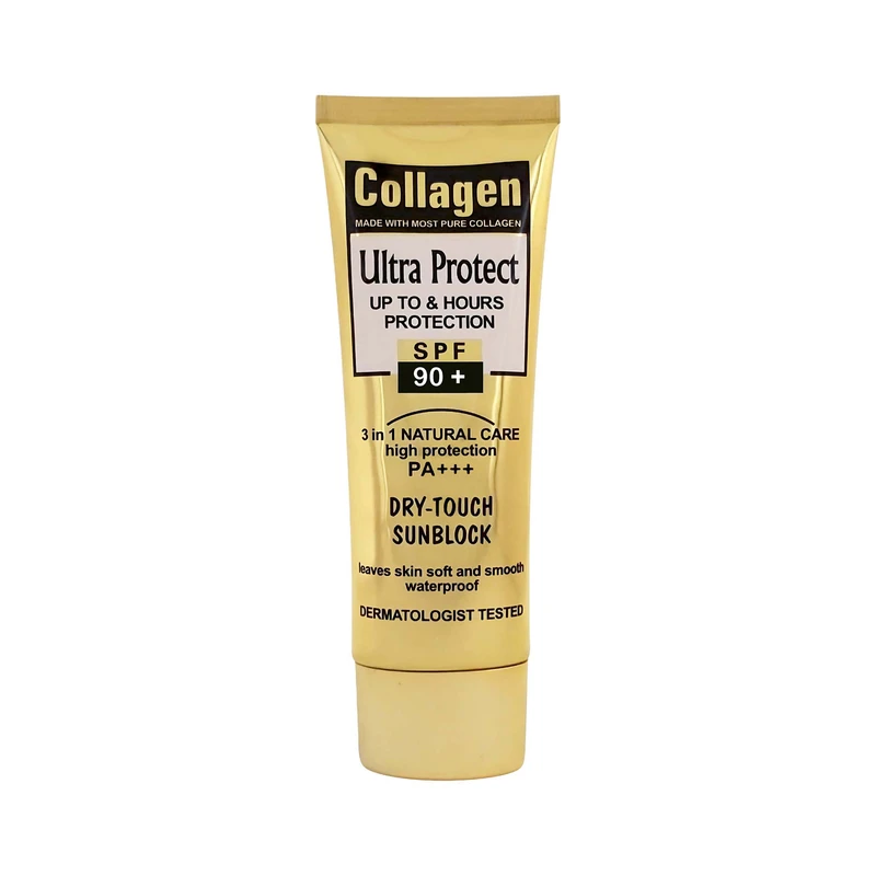 کرم ضد آفتاب بدون رنگ کلاژن spf90 مدل Ultra Protect محافظت کننده در برابر اشعه UVA و UVB مناسب برای انواع پوست‌ حجم 100 میلی لیتر