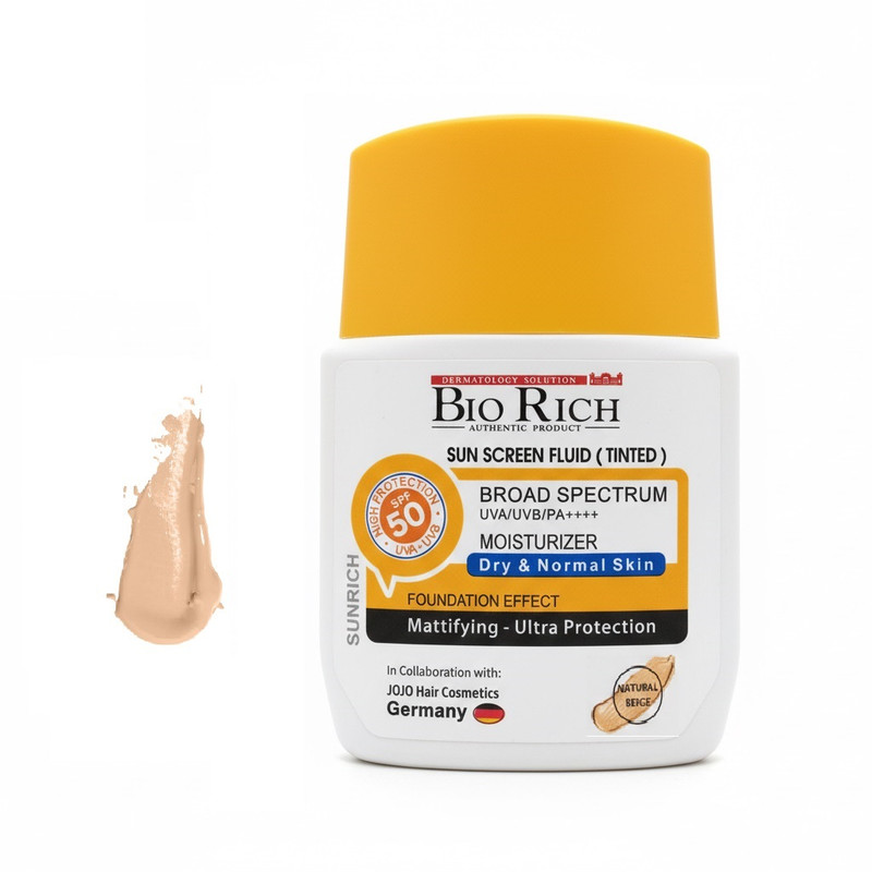 فلوئید ضد آفتاب رنگی صورت بایوریچ SPF 50 مدل BROAD SPECTRUM محافظ UVA ،UVB و PA+++ مناسب برای پوست‌ خشک و معمولی حجم 50 میلی‌لیتر