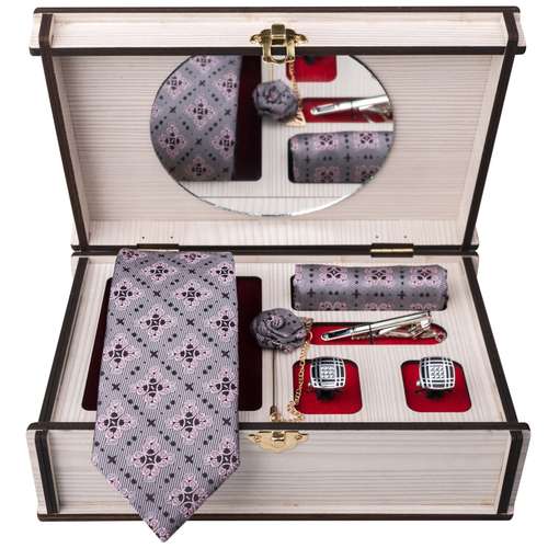 ست کراوات و دستمال جیب و دکمه سردست و گیره کروات مردانه جیان فرانکو روسی مدل GF-PO924-PI-BOX