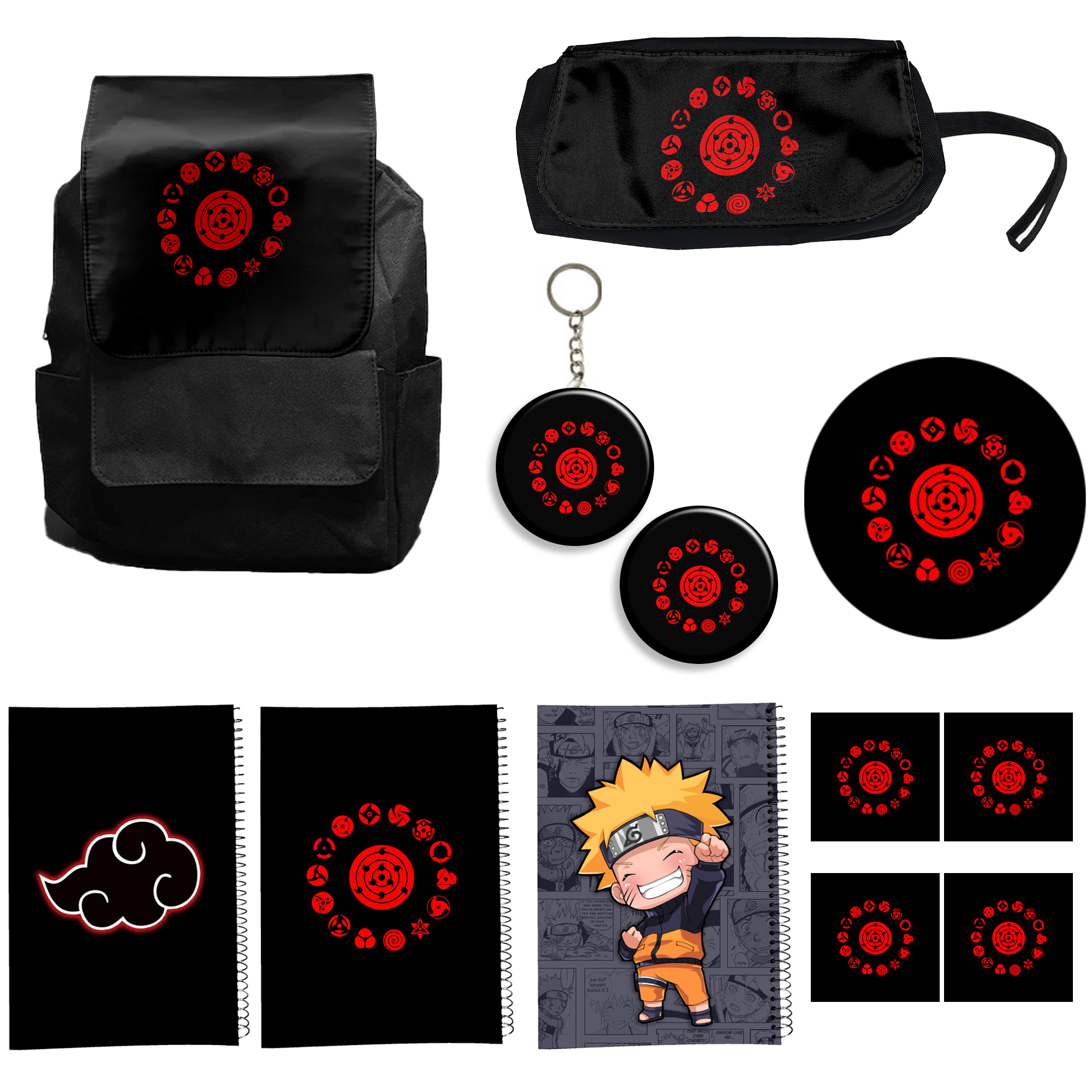 کوله پشتی طرح ناروتو کد3 Naruto به همراه دفتر مشق و جامدادی و زیر لیوانی و جاکلیدی مجموعه 12 عددی