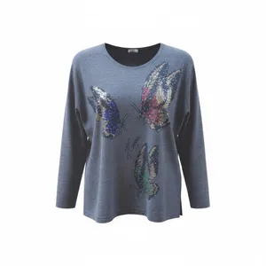 بلوز آستین بلند یقه گرد زنانه مدل موهر نگین طرح پروانه کد 0032