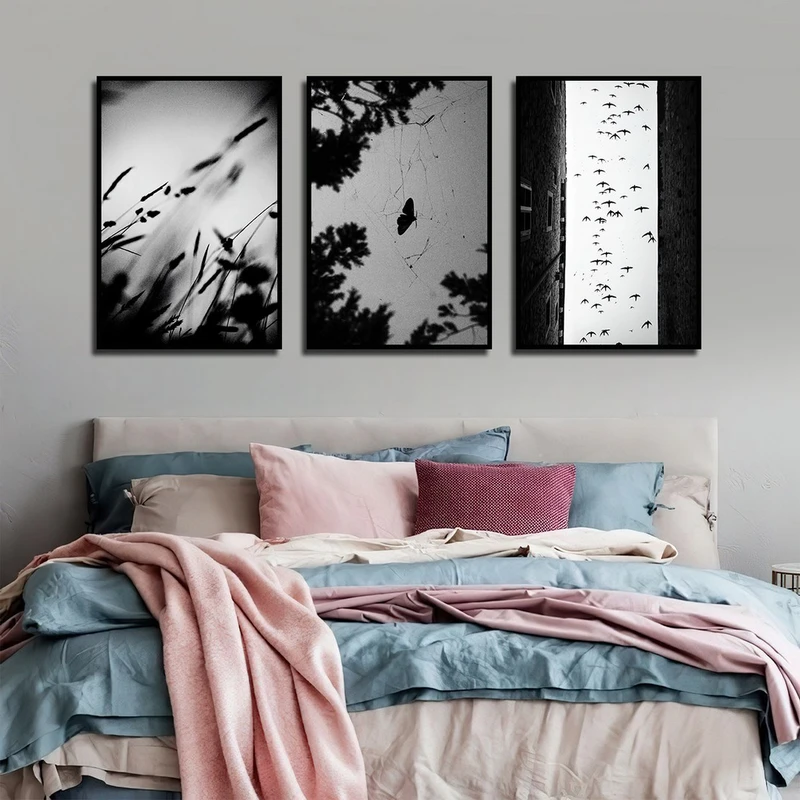 تابلو بکلیت طرح طبیعت و پروانه مدل B-4033 فریم مشکی مجموعه 3 عددی