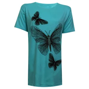 تی شرت آستین کوتاه زنانه مدل سه پروانه نخی ویسکوز نگینی کد tm-1986 رنگ آبی