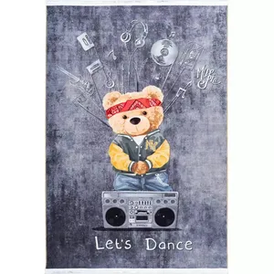 فرش ماشینی 700 شانه محتشم زمینه خاکستری حاشیه طوسی مدل خرس شاد کد 25KM0110