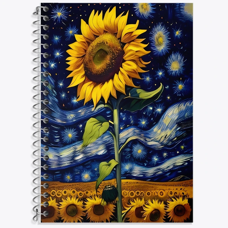 دفتر زبان 50 برگ خندالو مدل دو خط طرح گل آفتابگردان ونگوگ کد F1409