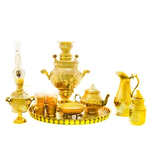 سرویس سماور ذغالی 14 پارچه برنجی مدل عدسی ترک دار کد 4434