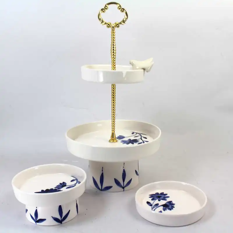 ست 3 تکه پذیرایی سرامیکی مدل 2 طبقه طرح گل و پرنده کد 29-sad