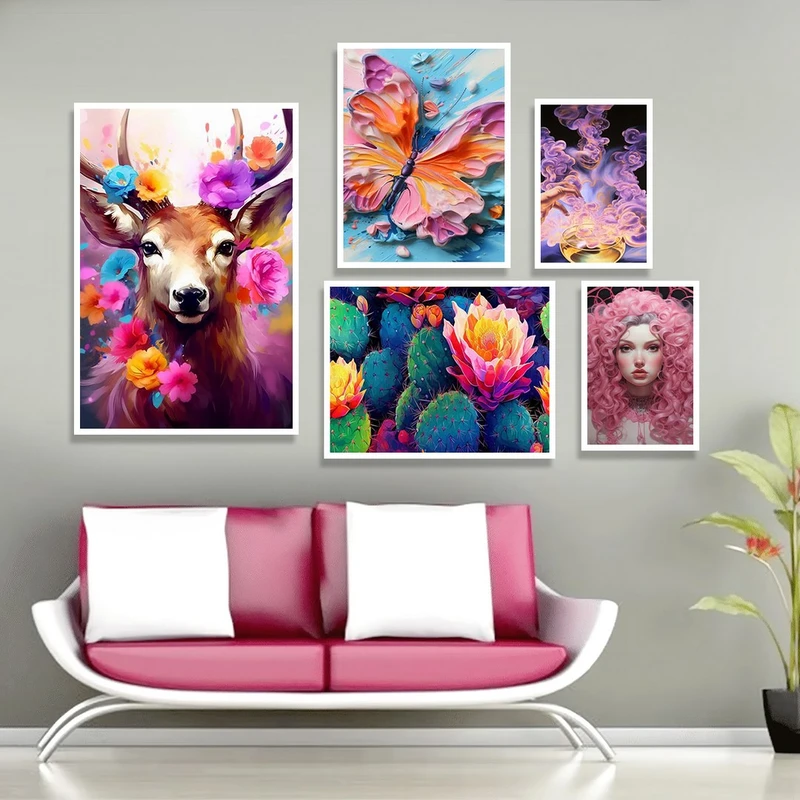 تابلو بکلیت مدل طرح گل رنگی و آهو و پروانه W-1143 مجموعه 5 عددی