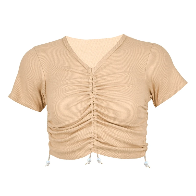 کراپ‌ تی‌شرت آستین کوتاه زنانه مدل کش کبریتی پنبه گت رنگ کرم