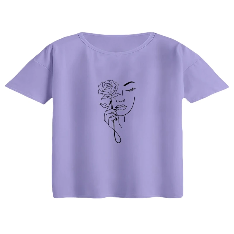 کراپ تی‌شرت آستین کوتاه زنانه مدل دختر و گل