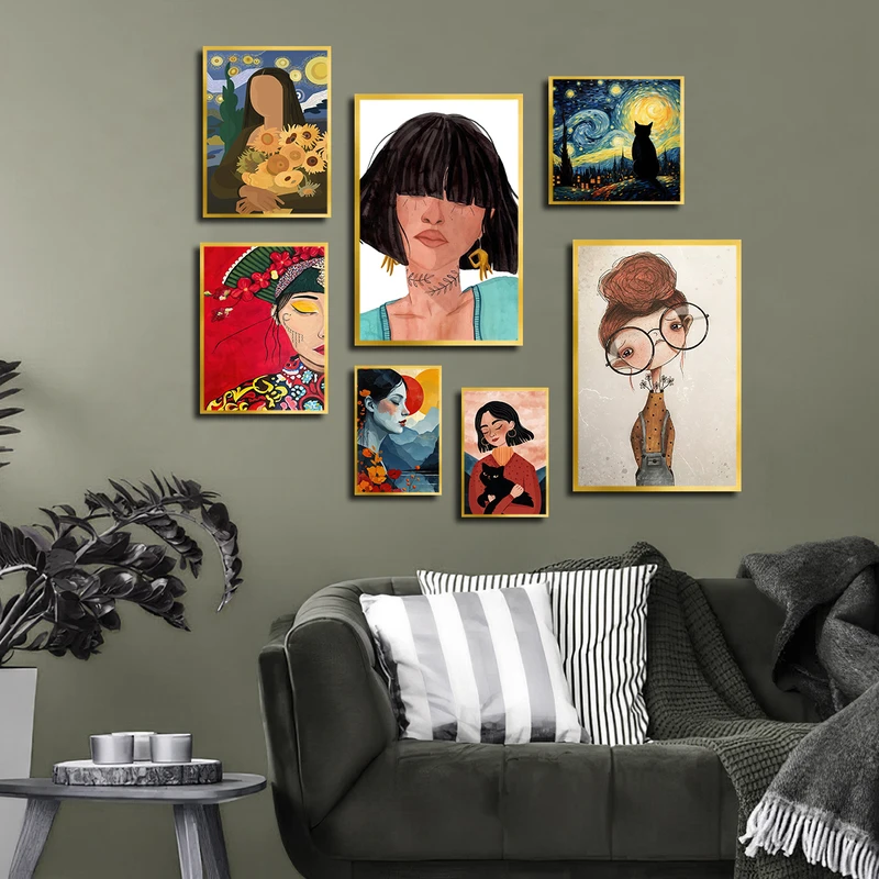 تابلو بکلیت طرح مدرن نقاشی چهره و گل آفتابگردان و گربه مدل T-3681 فریم طلایی مجموعه 7 عددی