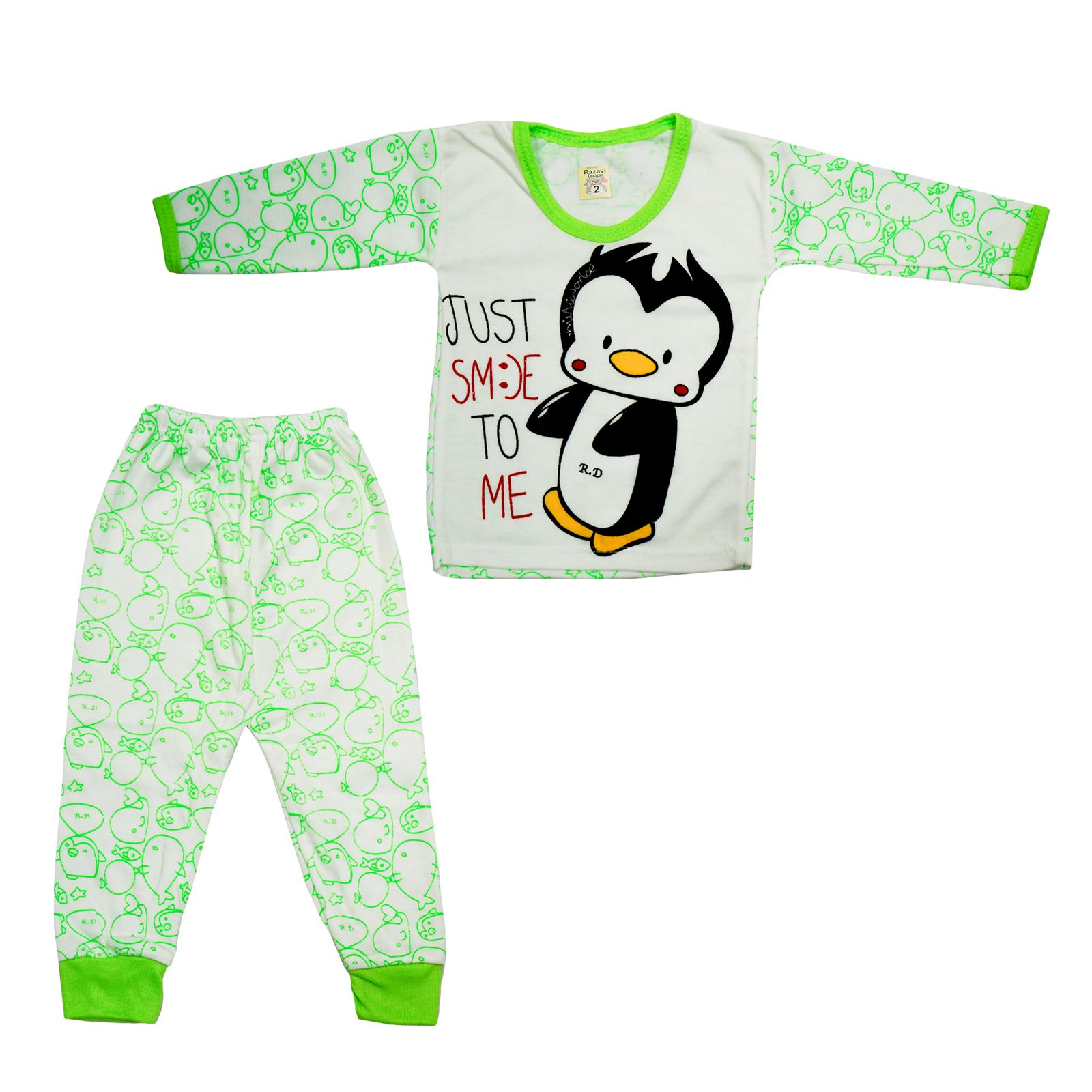 ست تی شرت و شلوار نوزادی مدل پنگوئن کد 4 رنگ سبز -  - 2