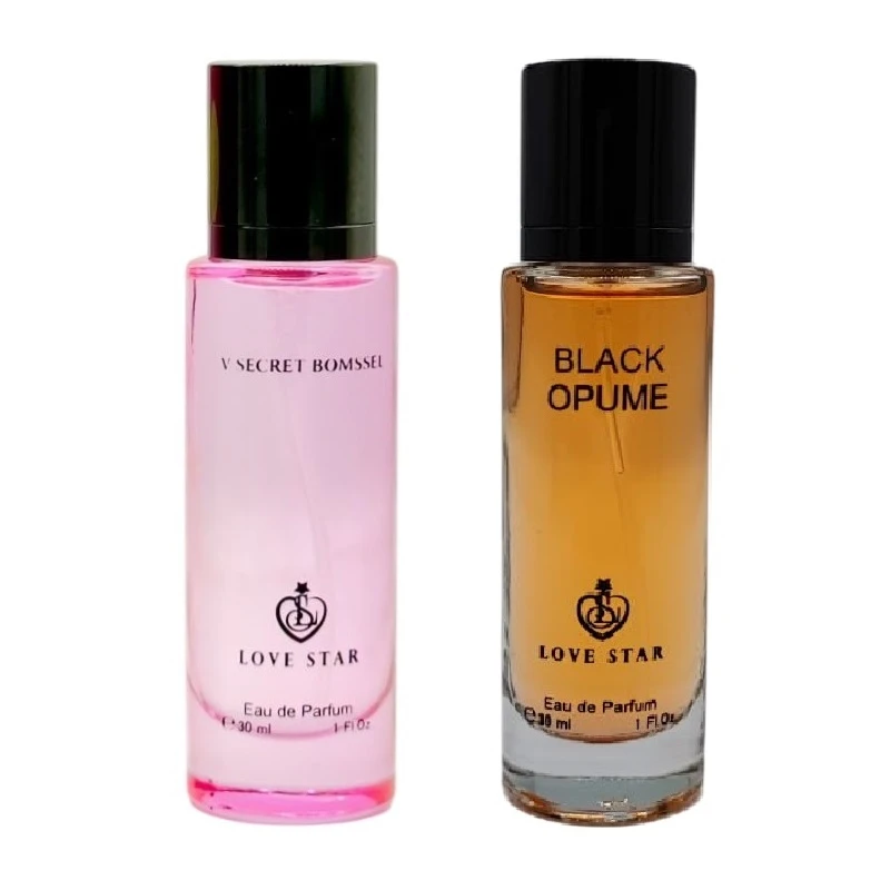 عطر جیبی لاو استار مدل بلک اوپیوم با رایحه گرم حجم 30 میلی لیتر به همراه عطر جیبی لاو استار مدل بامب شل با رایحه خنک حجم 30 میلی‌لیتر