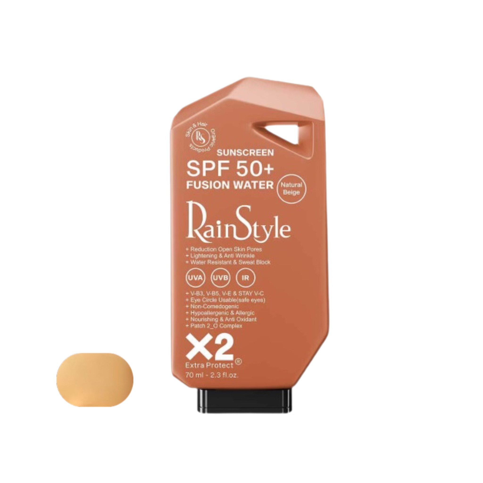 کرم ضدآفتاب رنگی رین استایل، SPF50، مدل فیوژن واتر، مناسب انواع پوست با تنالیته متوسط و حجم 70 میلی‌لیتر، ضد آب، محافظت‌کننده در برابر اشعه‌های UVA و UVB، غیر کومدون‌زا و فاقد پارابن، الکل و چربی، ضد چروک، با ماندگاری 5 ساعته 