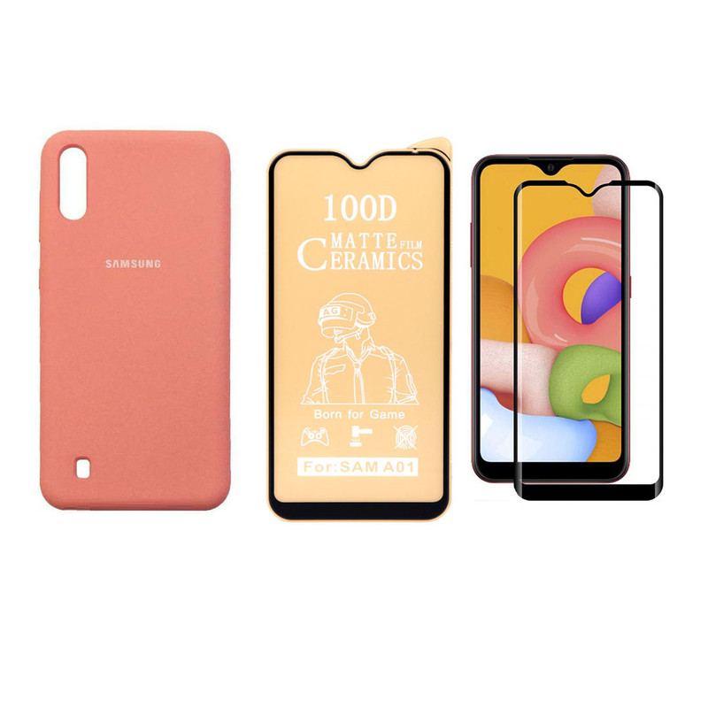 کاور مدل سیلیکونی مناسب برای گوشی موبایل سامسونگ Galaxy A01 به همراه محافظ صفحه نمایش مجموعه 2 عددی