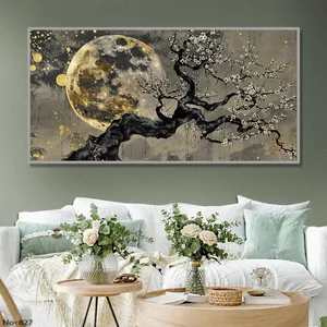 تابلو طرح دکوراتیو طبیعت مدل تک درخت و ماه با فریم طوسی