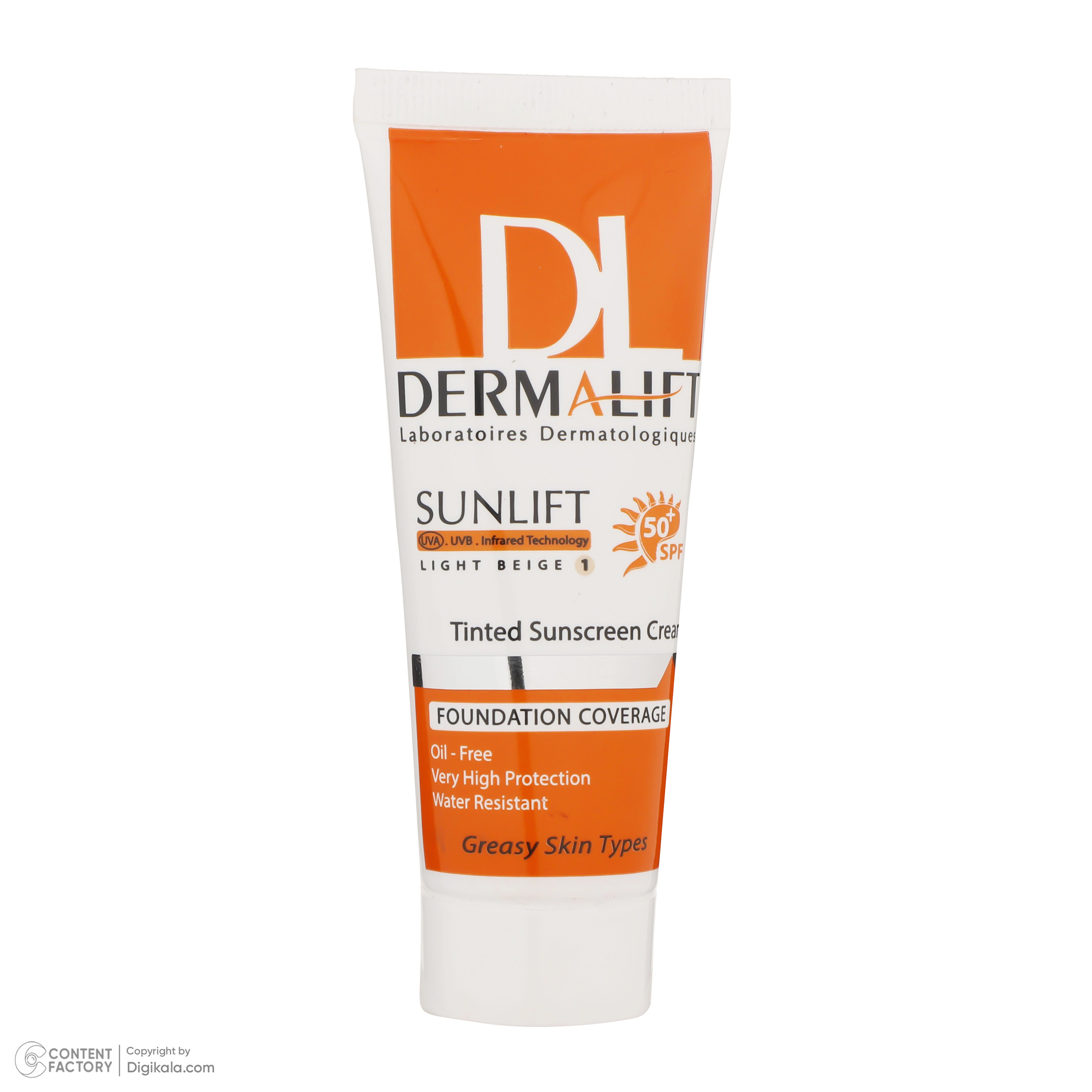 کرم ضد آفتاب رنگی درمالیفت SFP50 مدل Sunlift SPF50 محافظ UVA ،UVB، ضد آب، مناسب پوست چرب حجم 40 میلی‌لیتر