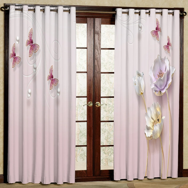  پرده مدل گل و پرووانه صورتی کم رنگ مخمل پانچی کد 246 سایز 140x280 سانتی متر