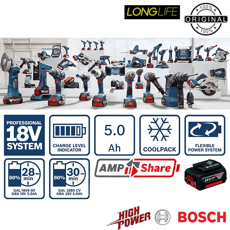 باتری 18 ولت لیتیوم یونی بوش مدل 5 آمپر ساعت GBA 18V 5AH