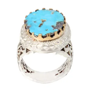 انگشتر نقره مردانه بازرگانی میلادی مدل سنگ فیروزه طبیعی نیشابور رکاب دست ساز سیاه قلم کد AM_2029