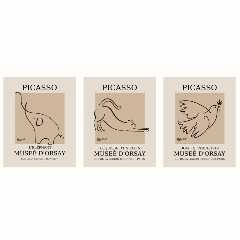 پوستر طرح خانه خیالی پیکاسو - هنر خطی حیوانات مجموعه 3 عددی