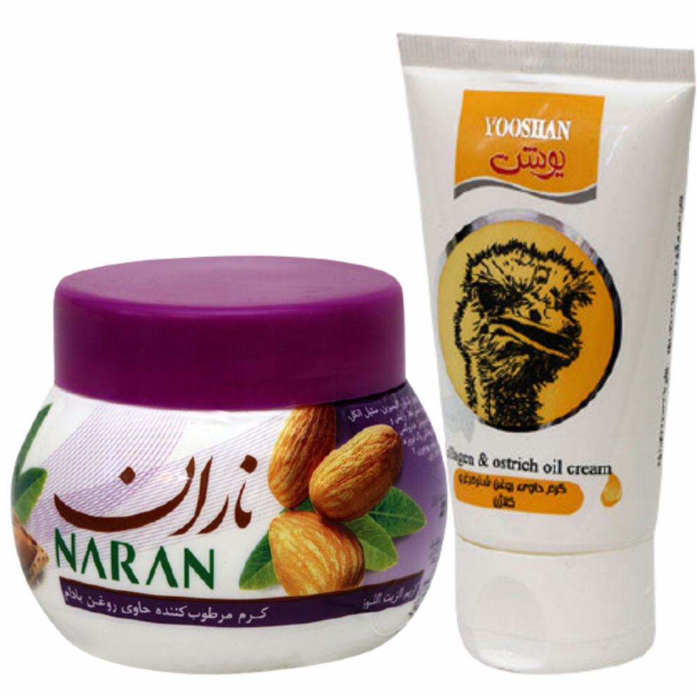 کرم مرطوب کننده یوشن مدل شتر مرغ حجم 50 میلی لیتر به همراه کرم مرطوب کننده ناران مدل بادام حجم 180 میلی لیتر